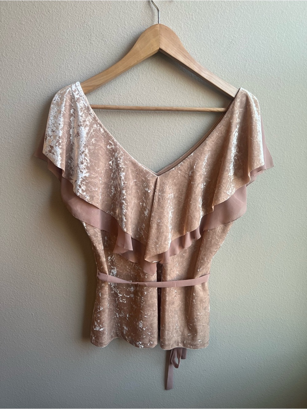 NWOT Blush Pink Velvet Ruffle Tie-Waist Blouse by White House Black Market - Picture 6 of 9